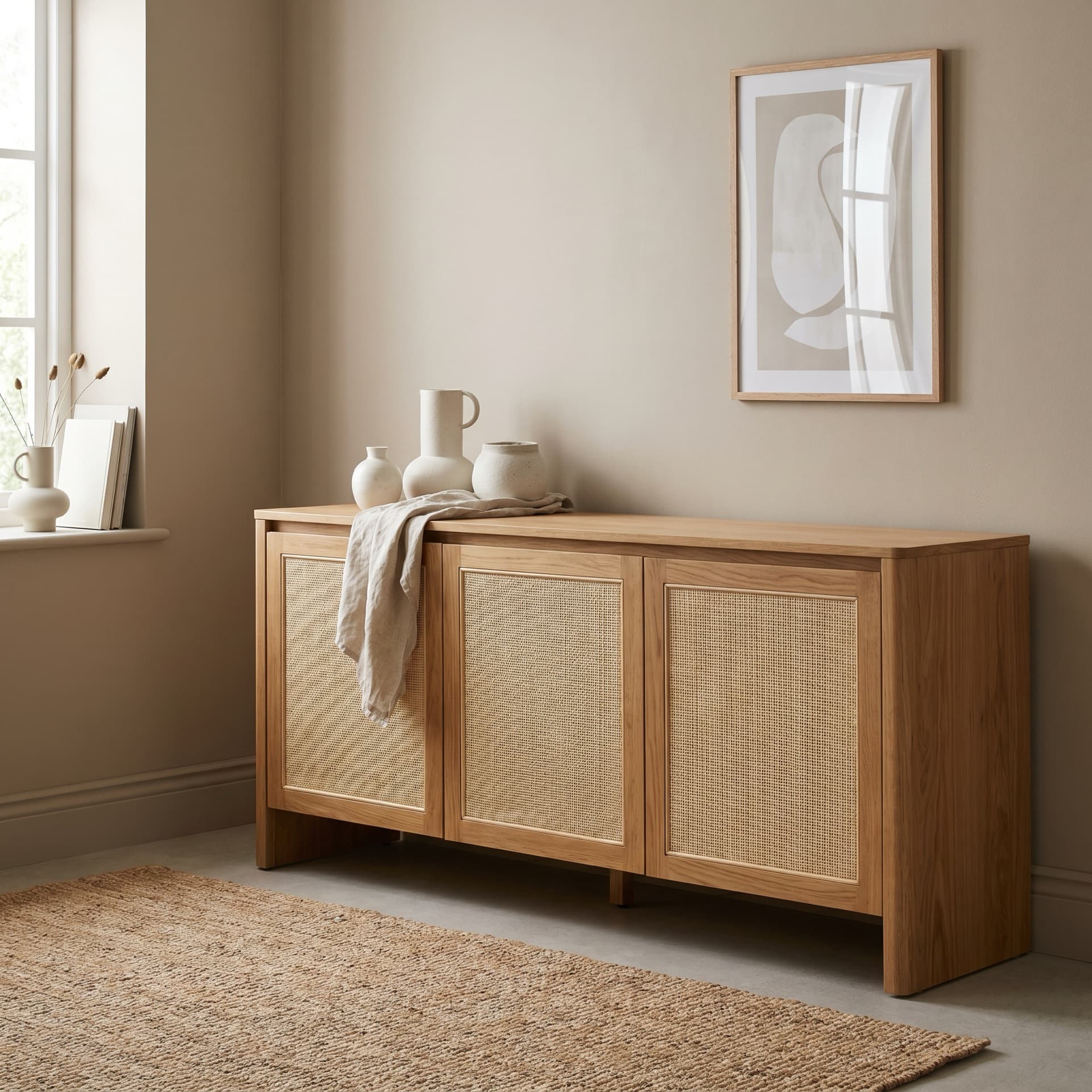 Bjorn oak sideboard with rattan doors