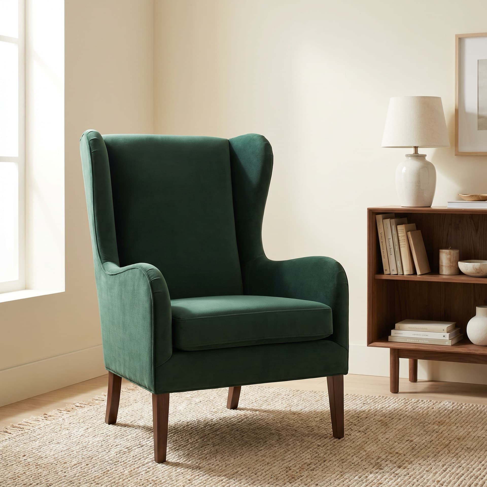 Velvet reading chair in deep pine