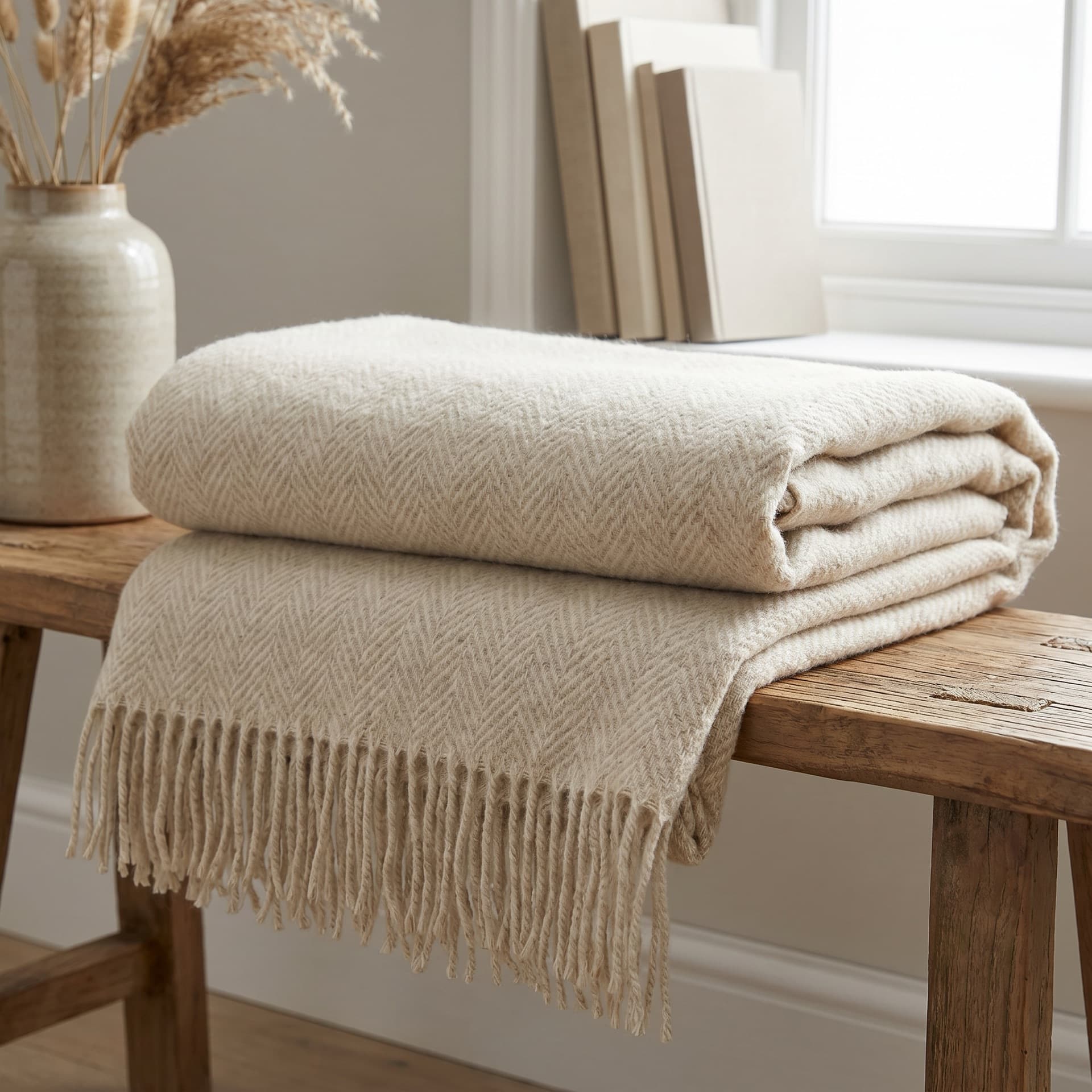 Wool throw oat herringbone