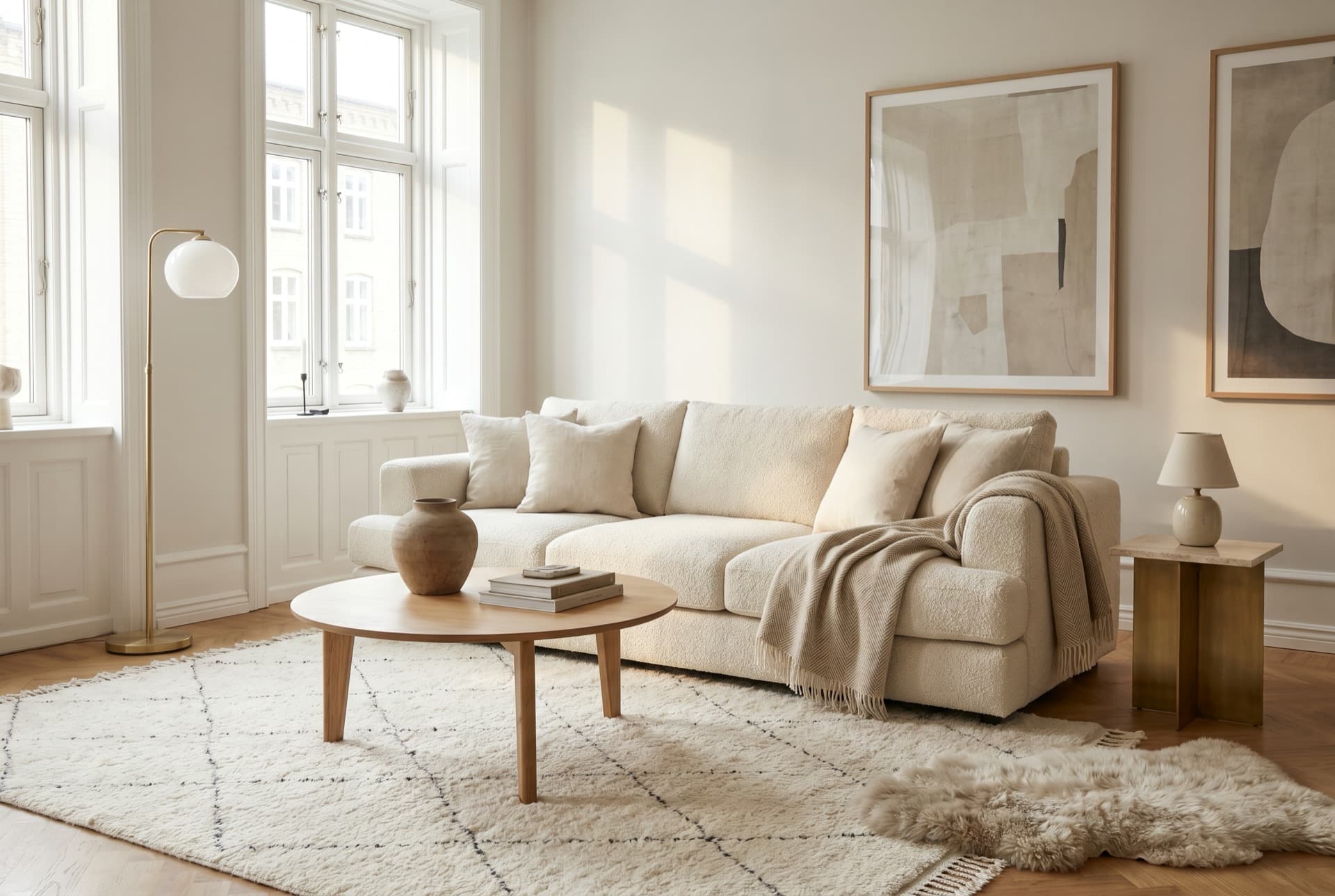 Sunlit common room with cream sofa
