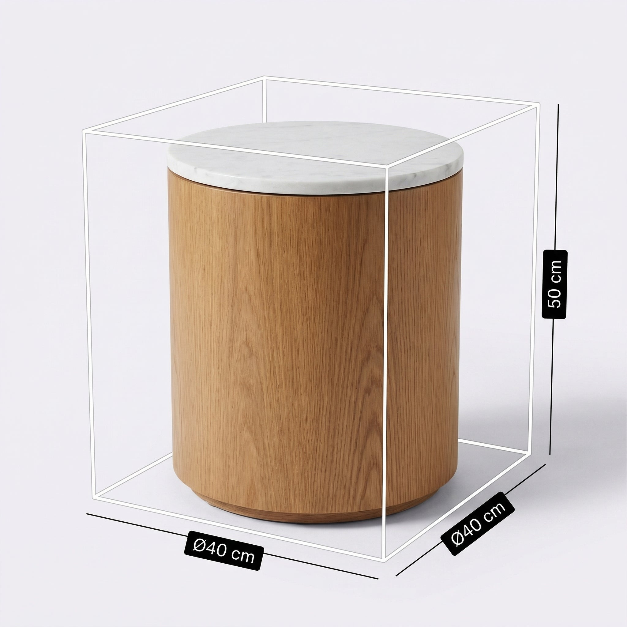 Oak & Marble Round Nightstand – top view