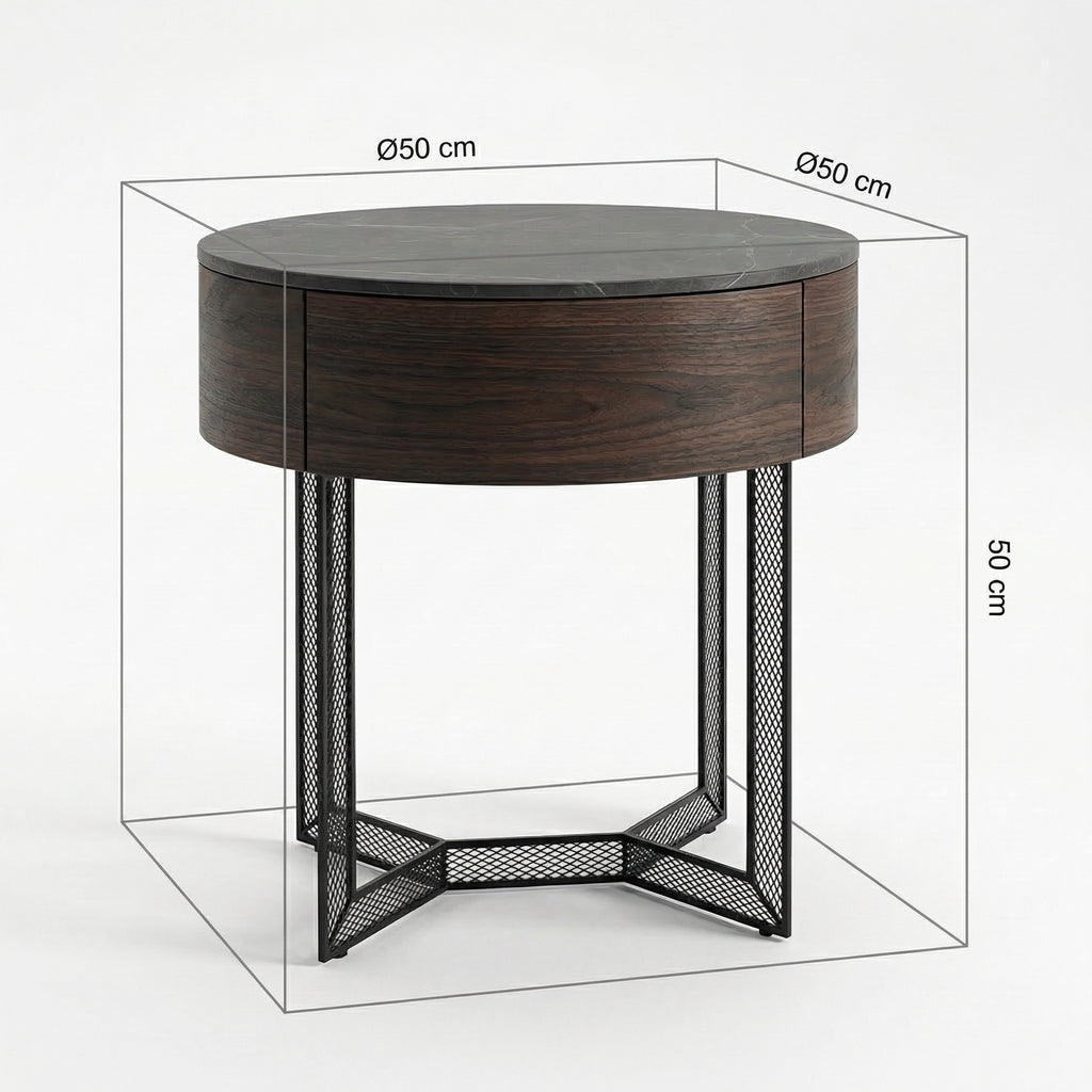 Smoked Wood Round Nightstand – warm lighting view