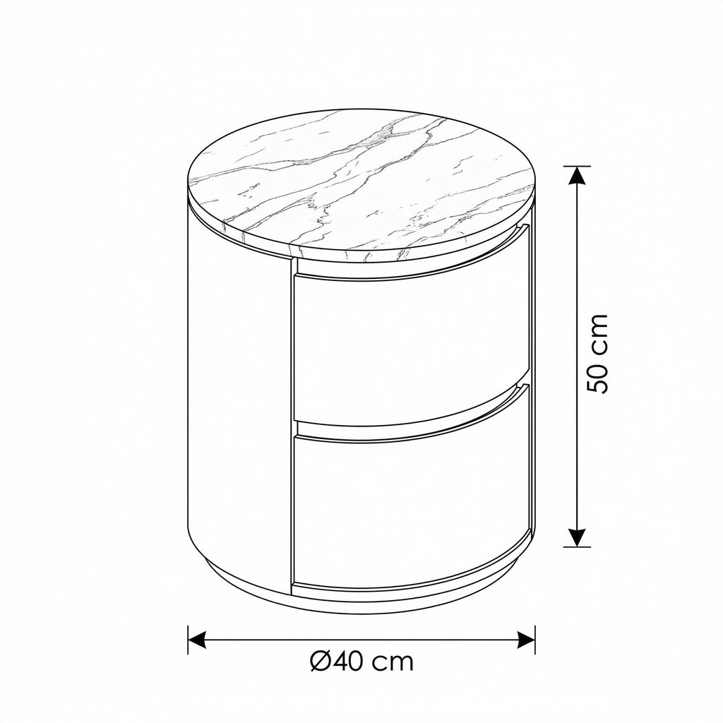 Oak & Marble Round Nightstand – in bedroom setting