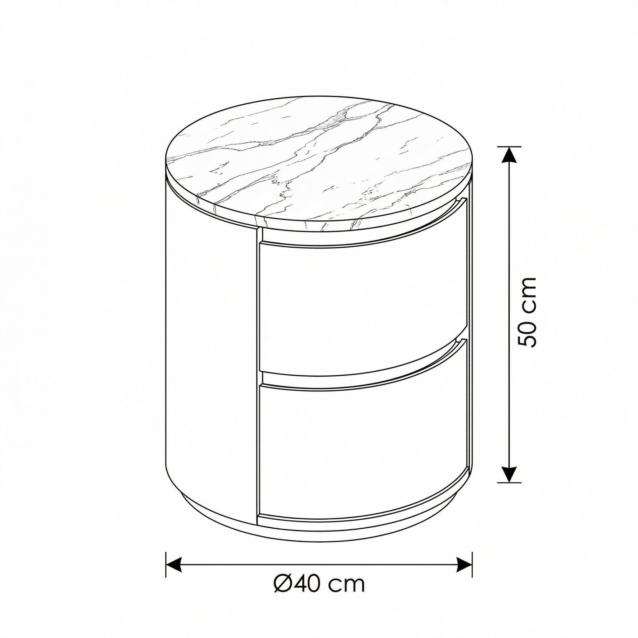 Oak & Marble Round Nightstand – in bedroom setting
