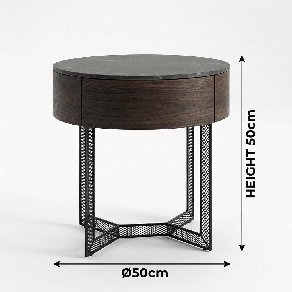 Smoked Wood Round Nightstand – dimensions reference