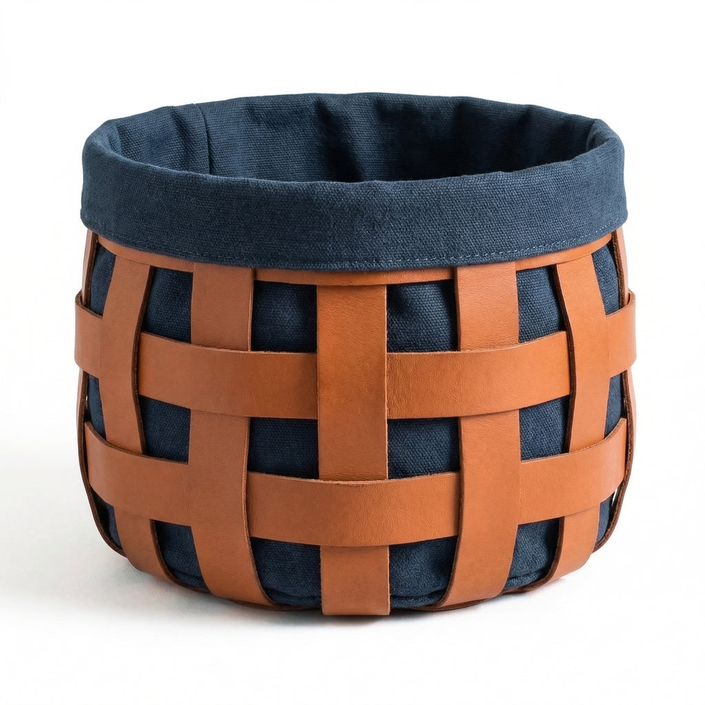 Woven Leather Storage Basket – detail view