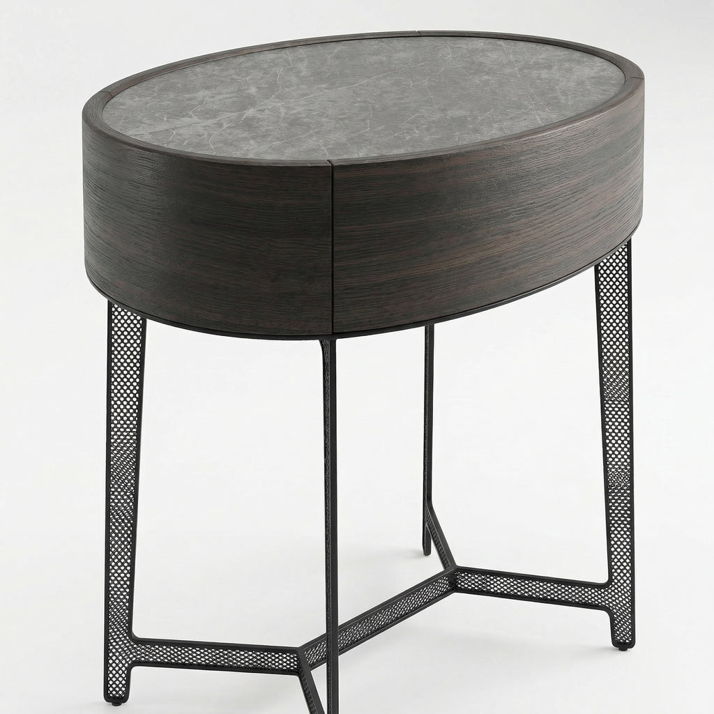 Smoked Wood Round Nightstand – styling detail