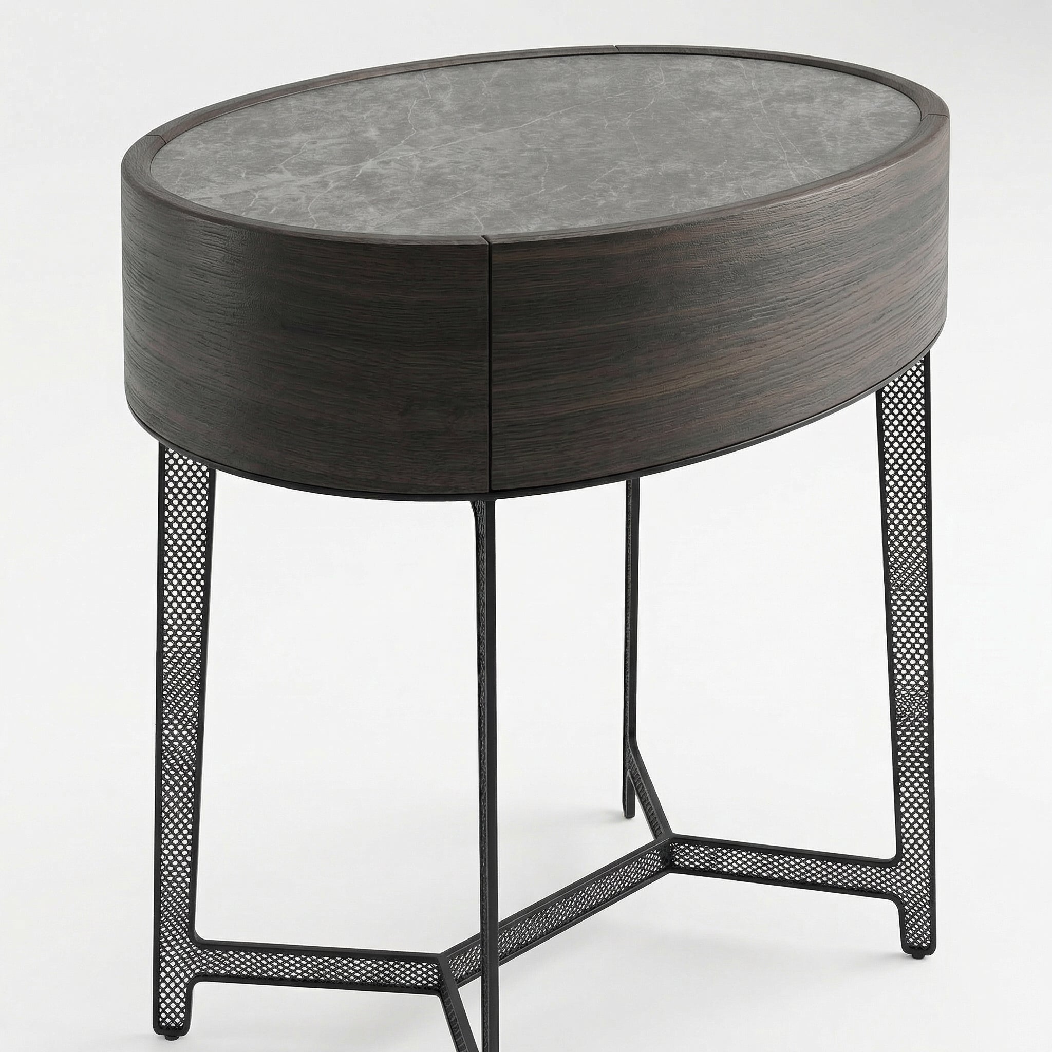 Smoked Wood Round Nightstand – styling detail
