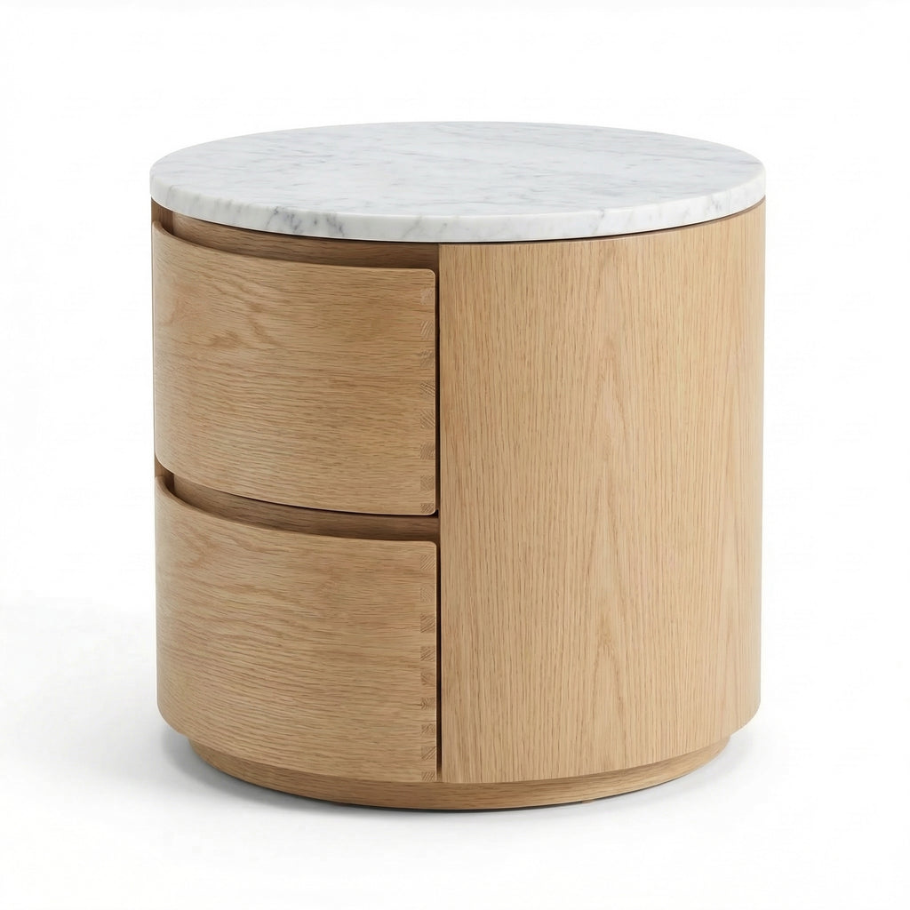 Oak & Marble Round Nightstand – detail view