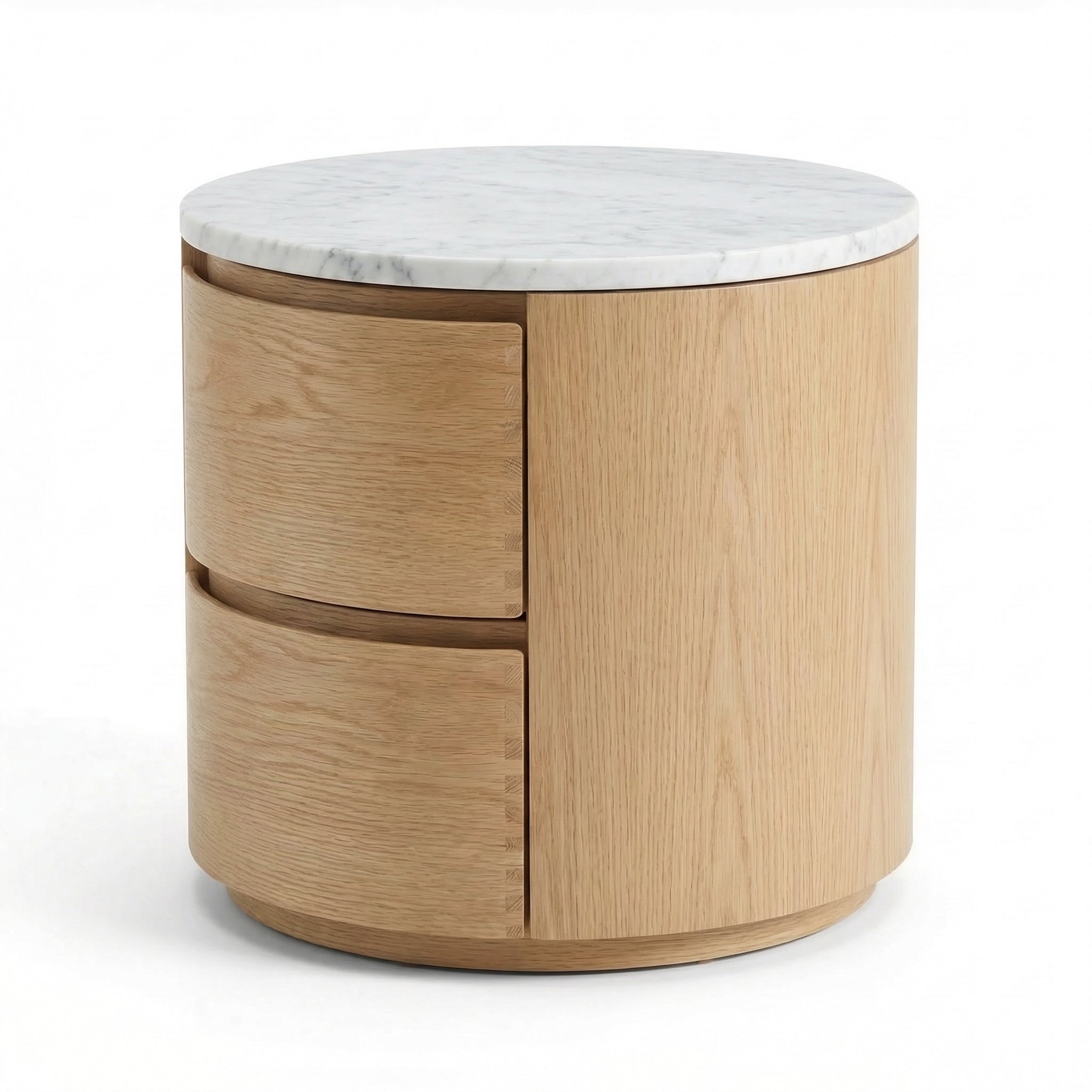 Oak & Marble Round Nightstand – detail view