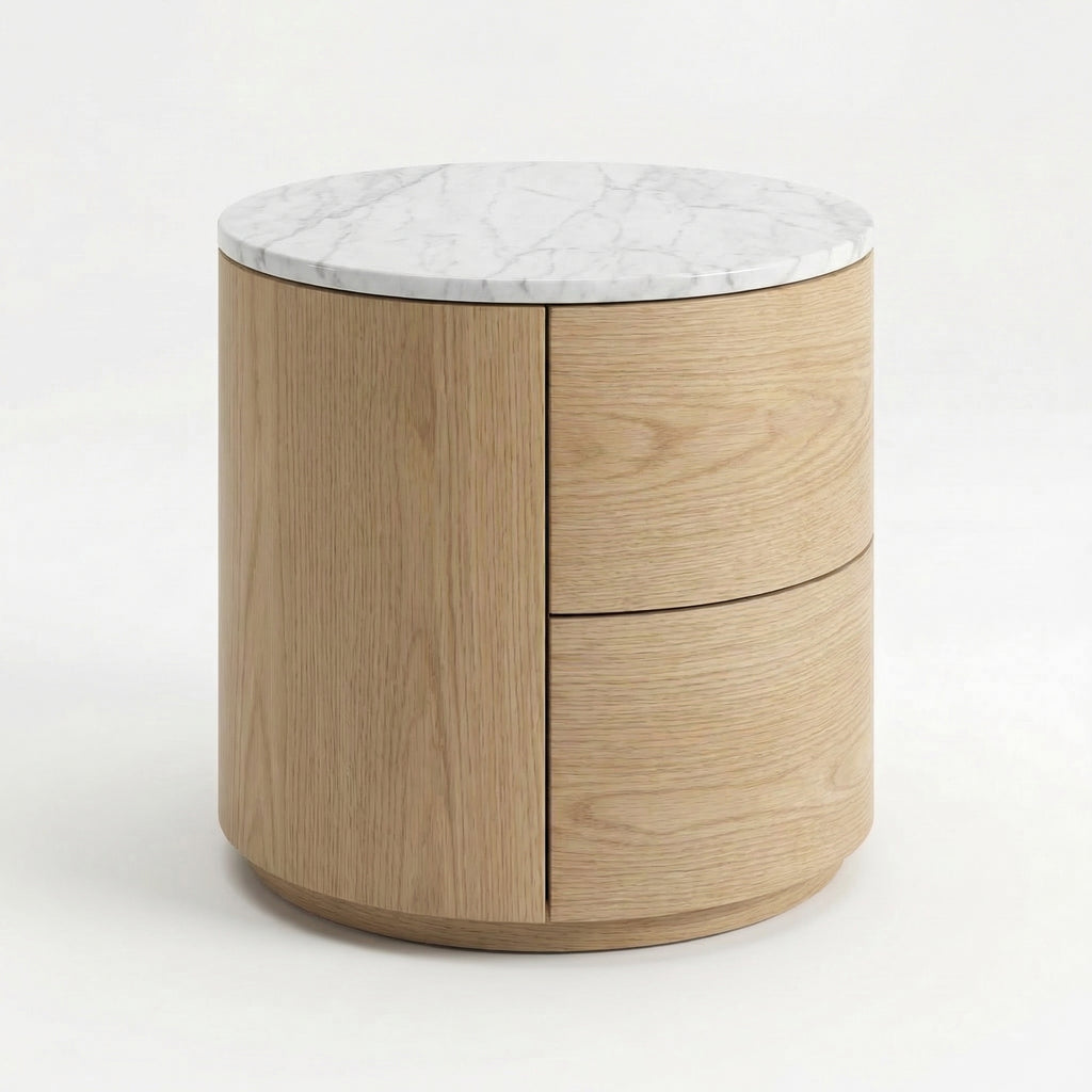 Oak & Marble Round Nightstand – side angle