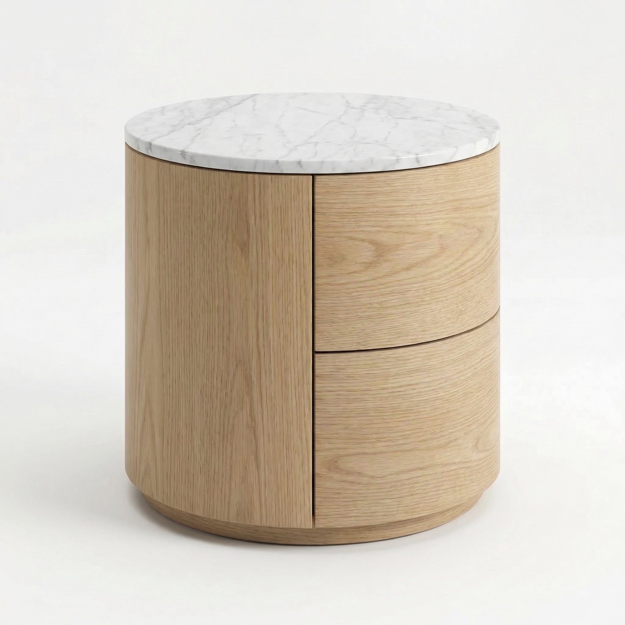 Oak & Marble Round Nightstand – side angle
