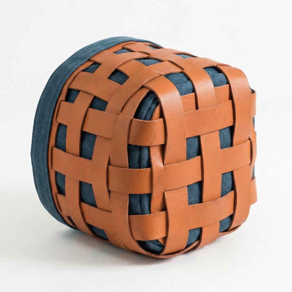Woven Leather Storage Basket – side angle