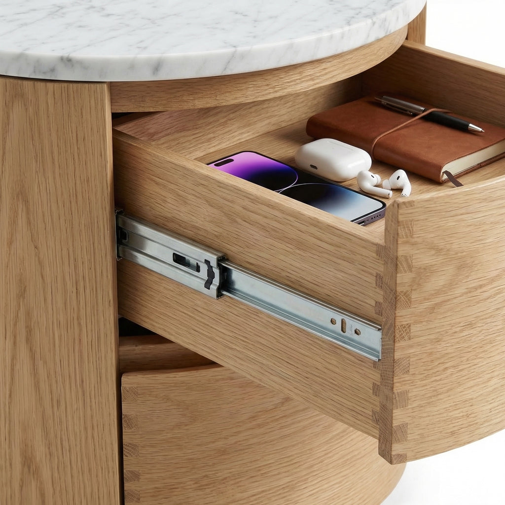 Oak & Marble Round Nightstand – dimensions reference