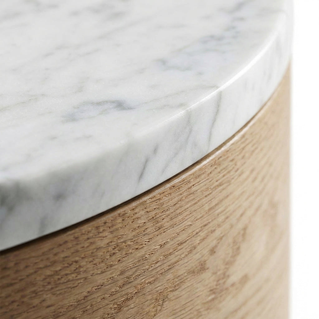 Oak & Marble Round Nightstand – lifestyle scene
