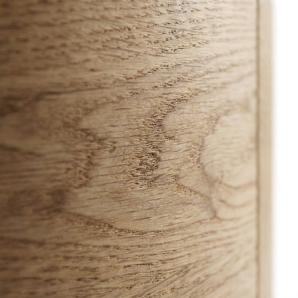 Oak & Marble Round Nightstand – warm lighting view