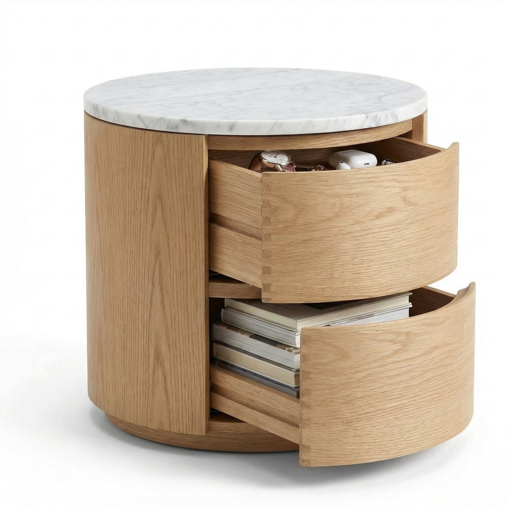 Oak & Marble Round Nightstand – material close-up