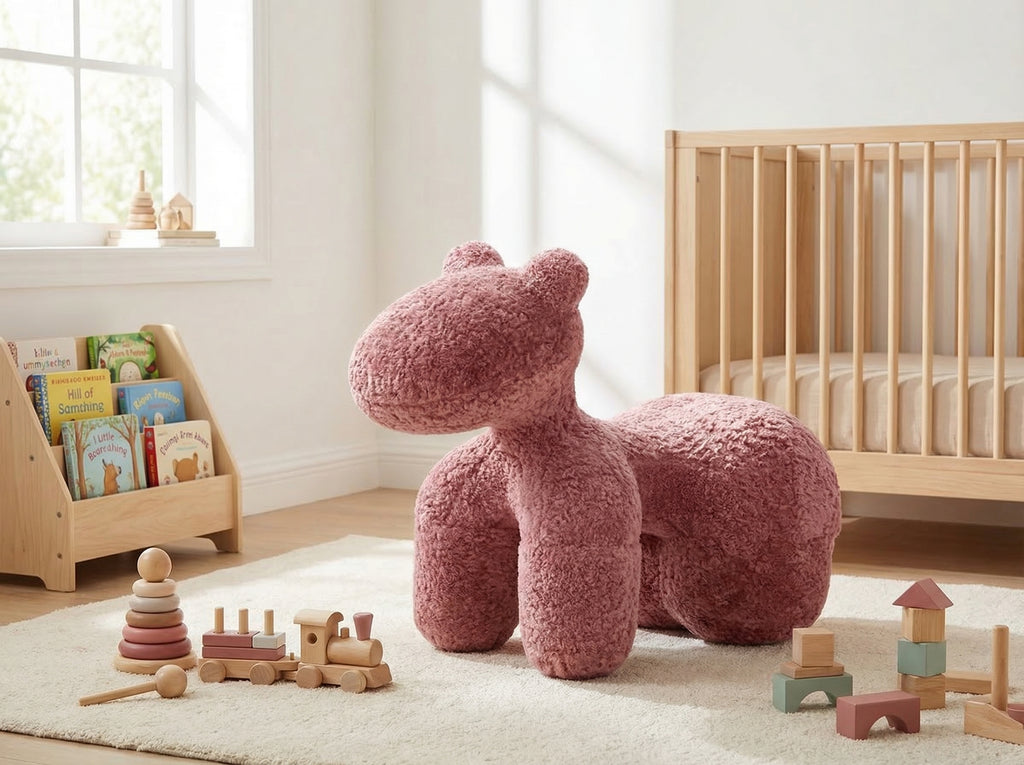 Pink Horse Plush Stool – in living room setting