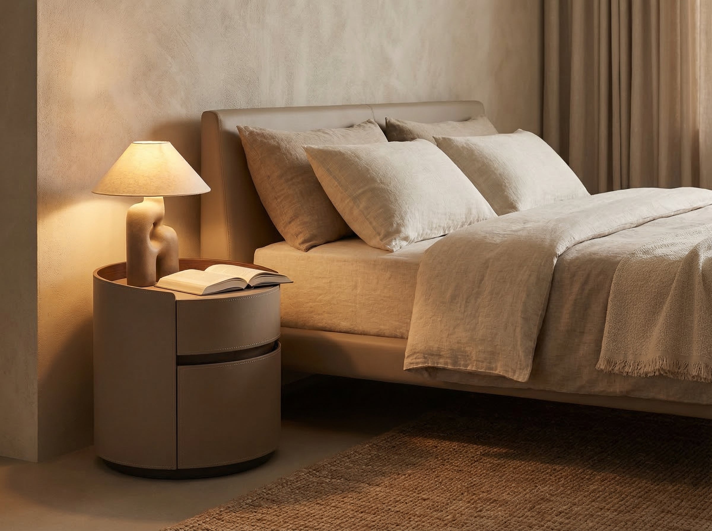 Leather-Wrapped Cylindrical Nightstand – in living room setting