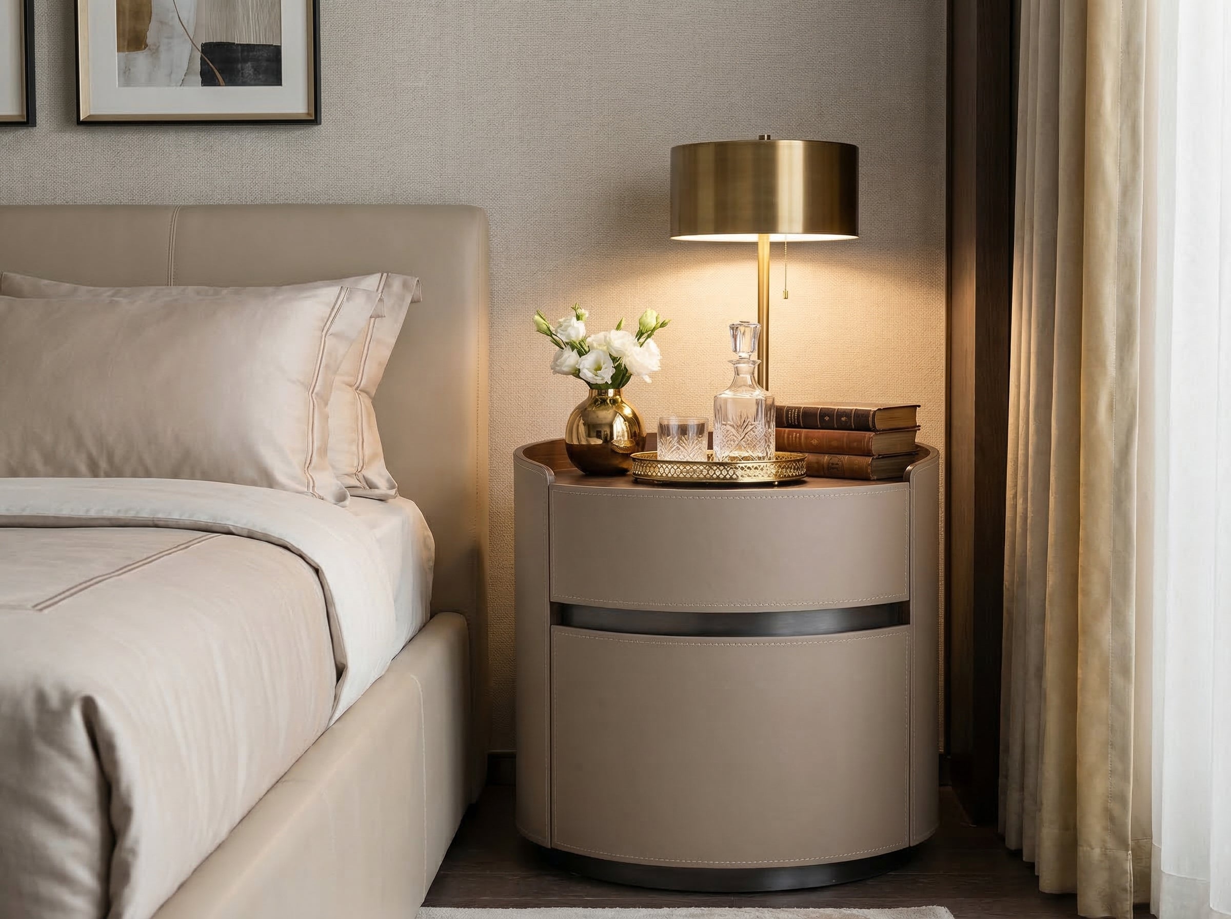 Leather-Wrapped Cylindrical Nightstand – material close-up