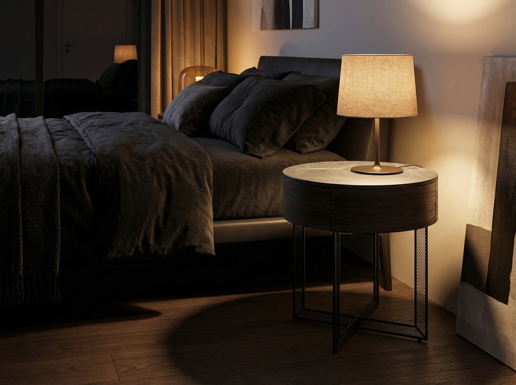Smoked Wood Round Nightstand – in living room setting