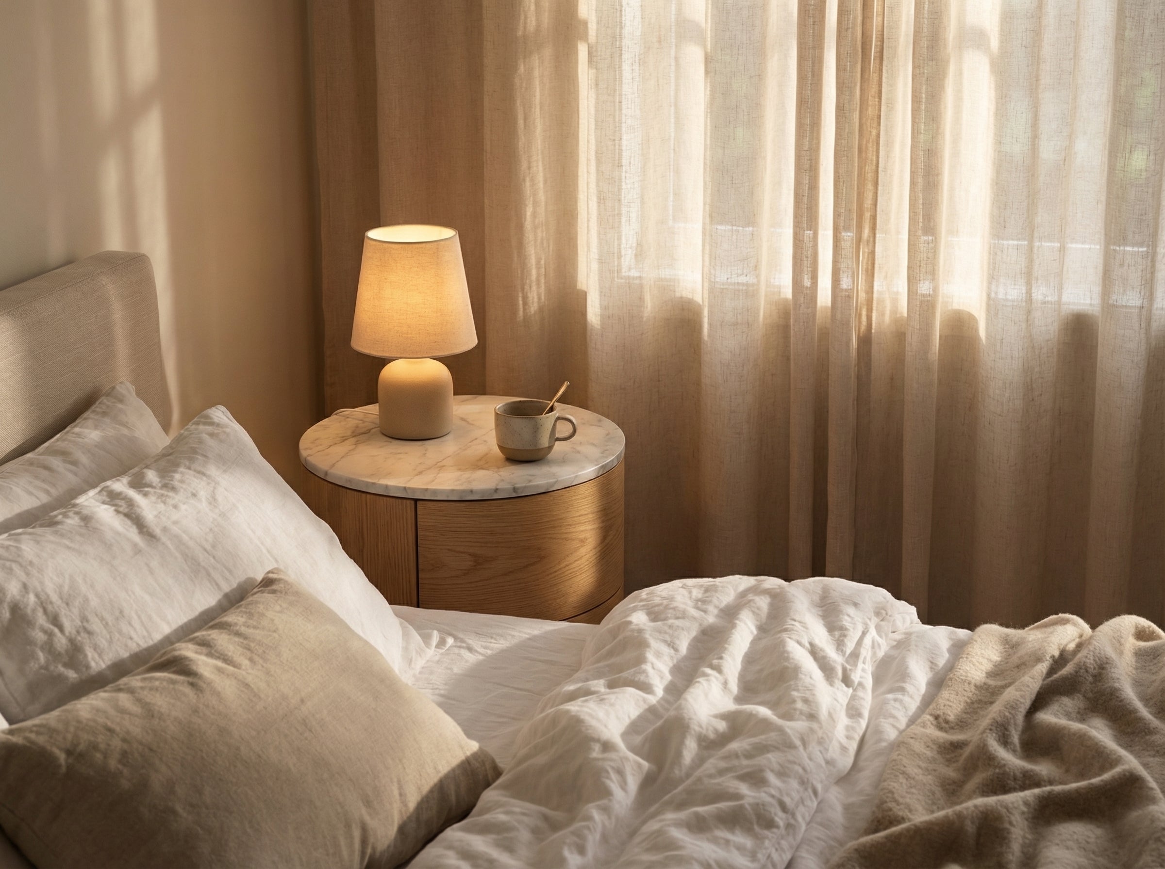 Oak & Marble Round Nightstand – styling detail