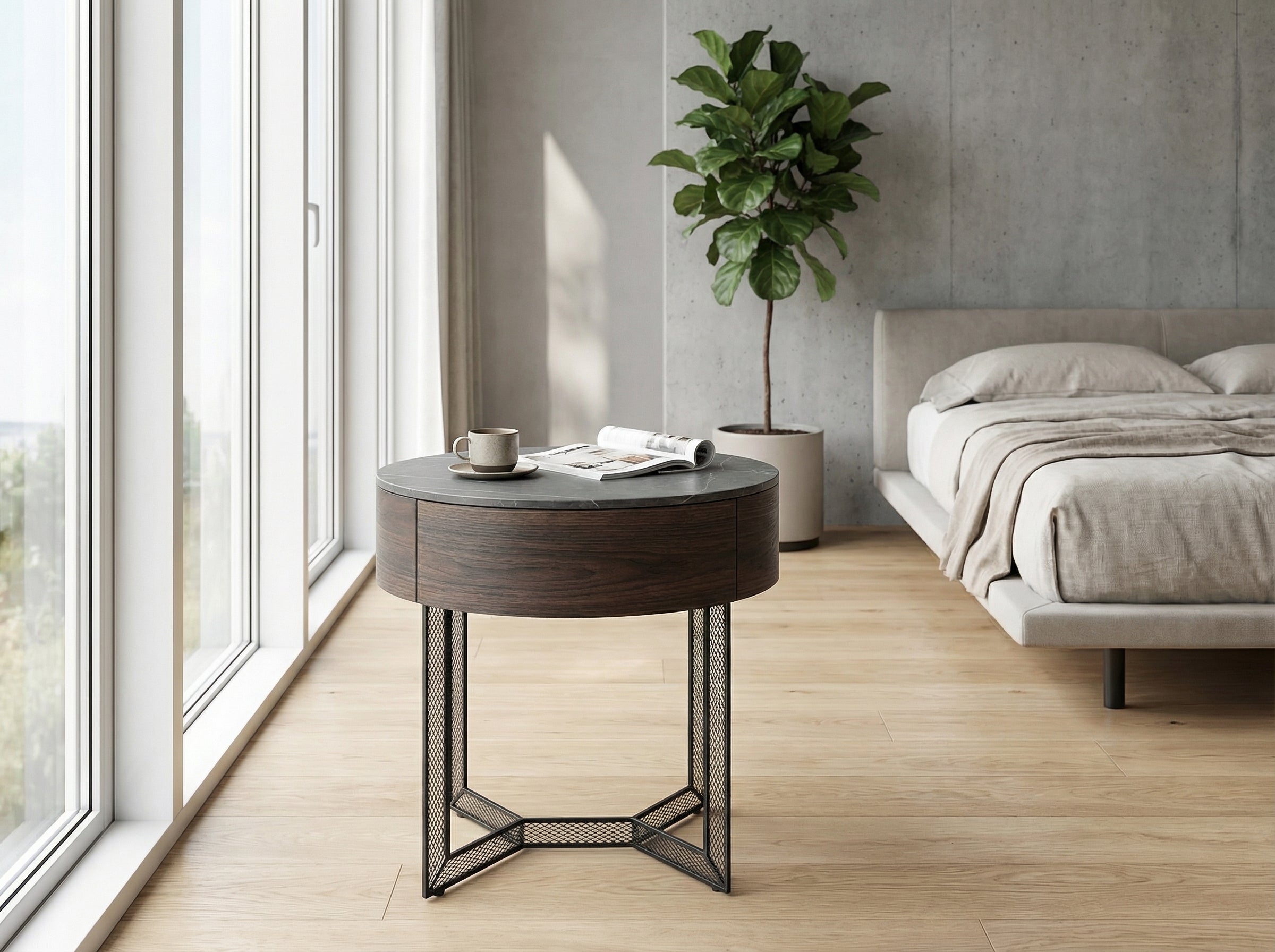 Smoked Wood Round Nightstand – material close-up