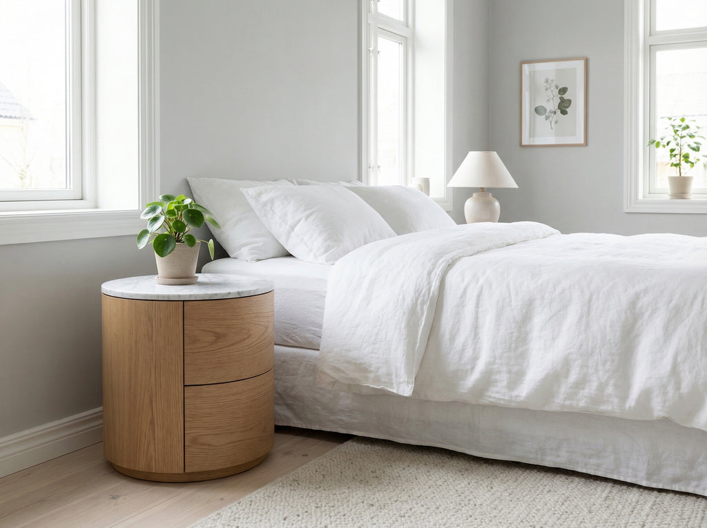 Oak & Marble Round Nightstand – alternate angle