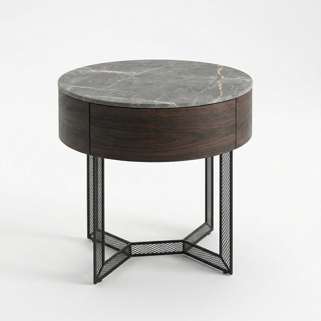 Smoked Wood Round Nightstand – front view