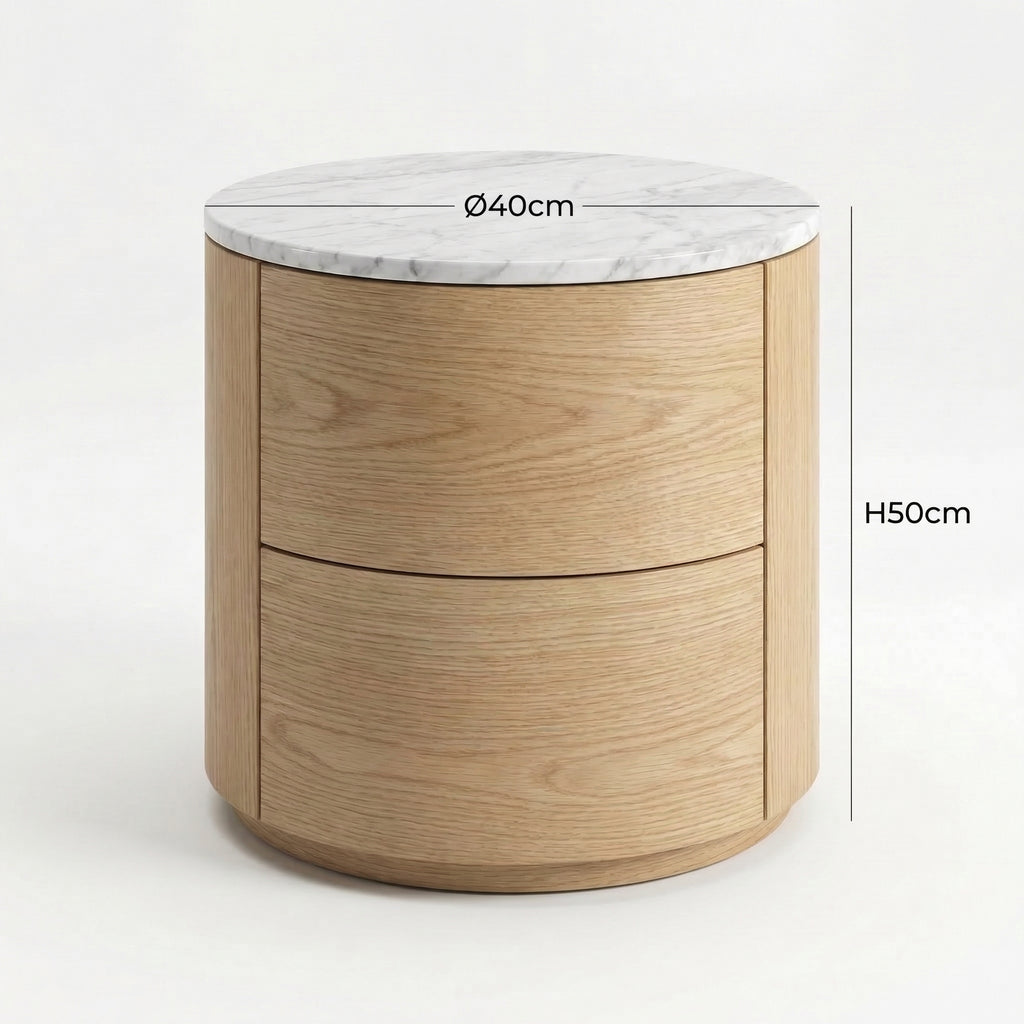 Oak & Marble Round Nightstand – front view