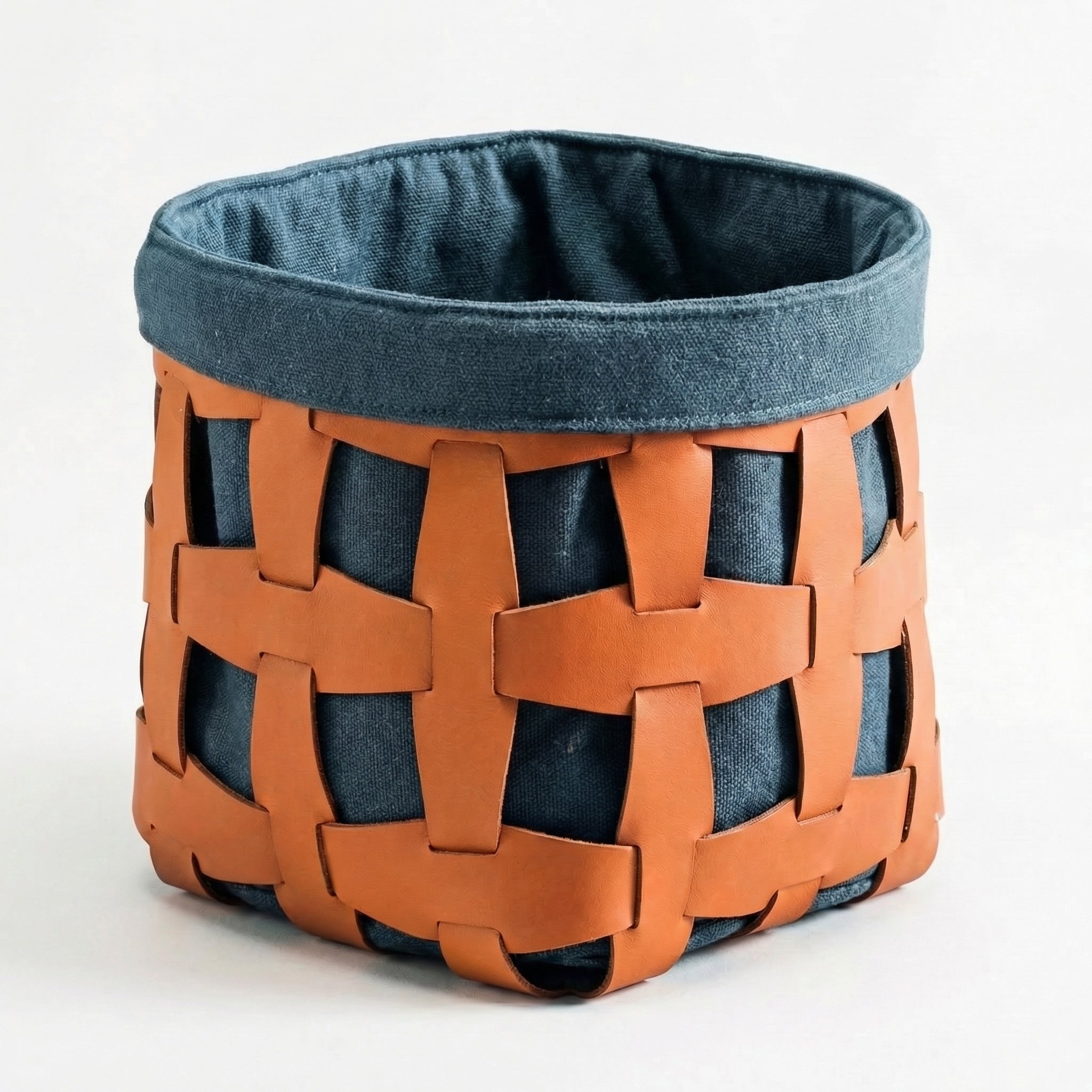 Woven Leather Storage Basket – front view
