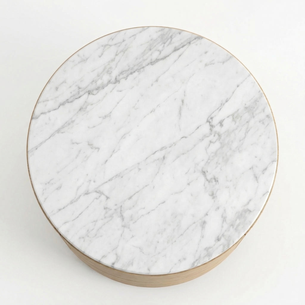 Oak & Marble Round Nightstand – in living room setting