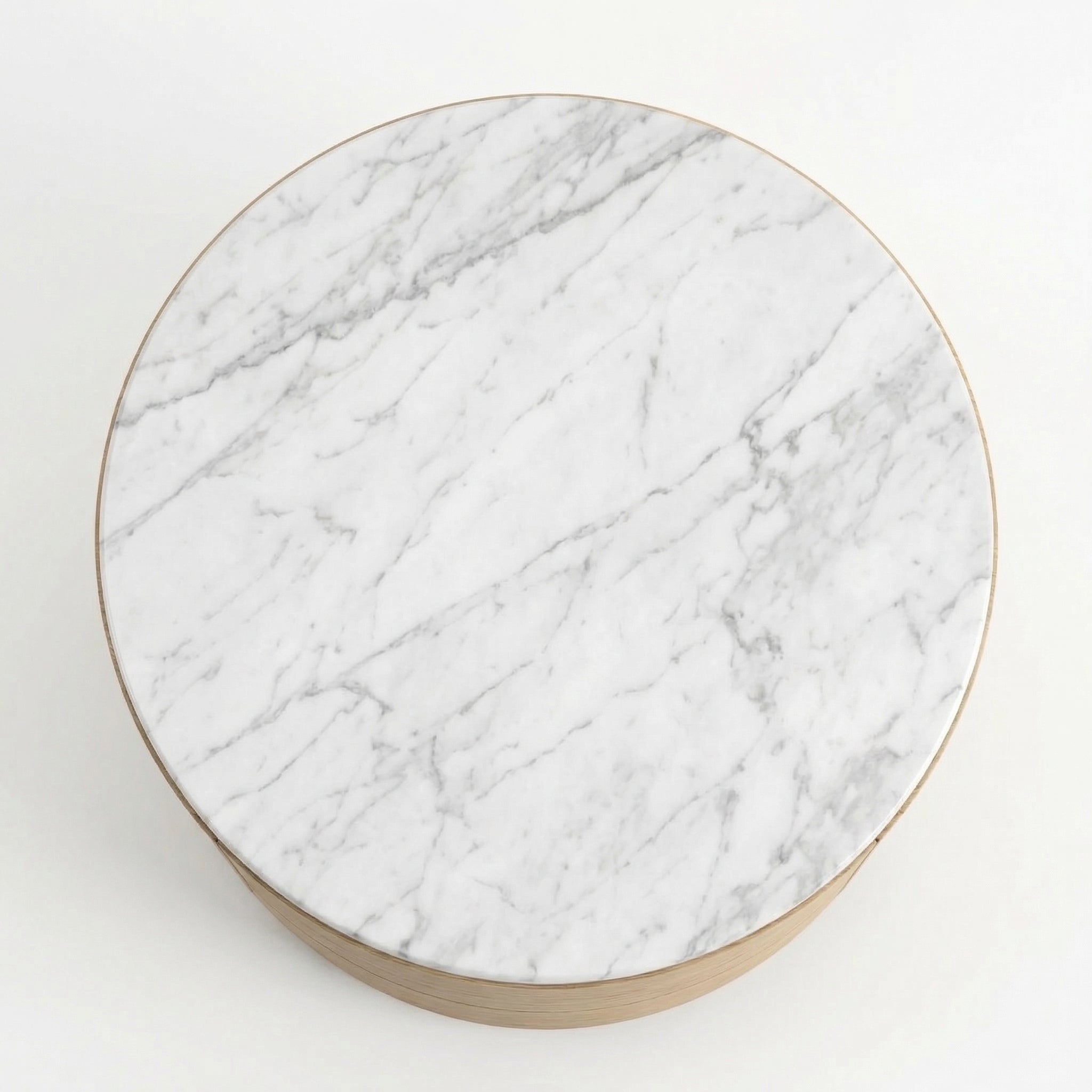Oak & Marble Round Nightstand – in living room setting