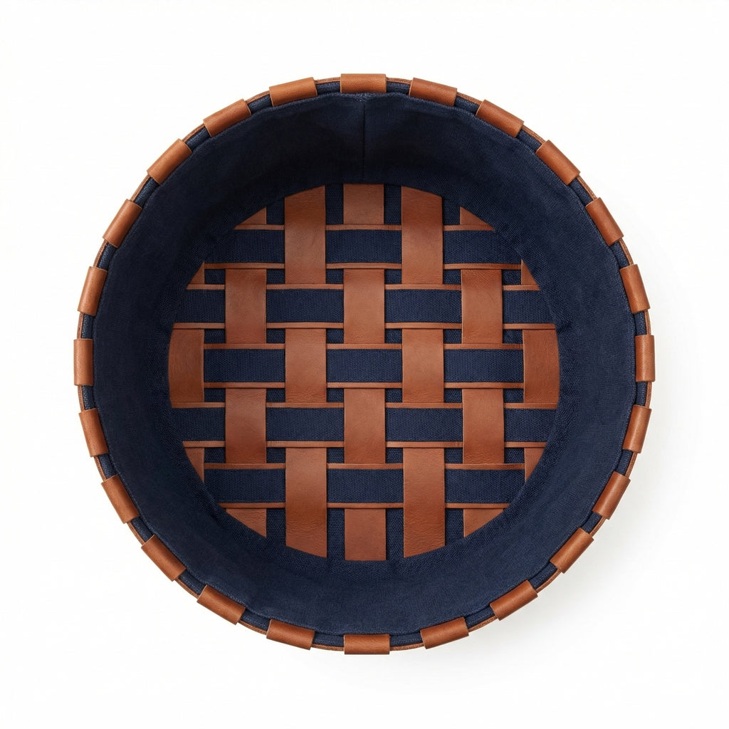 Woven Leather Storage Basket – in living room setting
