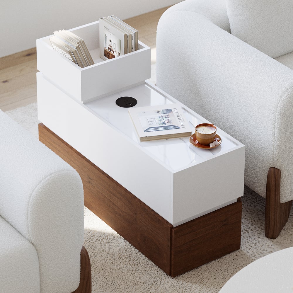 Sintered Stone Top Narrow Smart Side Table with Storage Modern White & Walnut End Table with USB Charging
