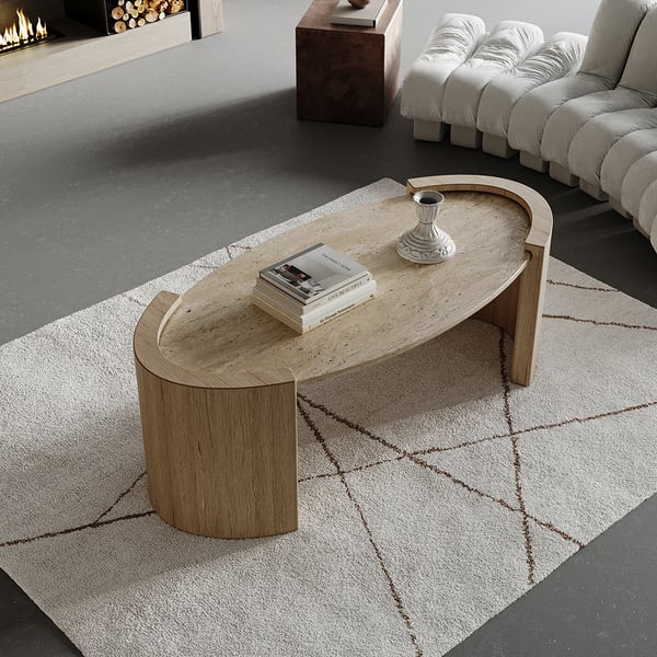 Japandi Oval Travertine Coffee Table