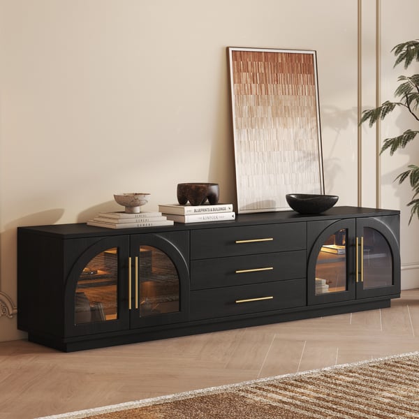 Arched Glass Doors TV Stand with LED Lights